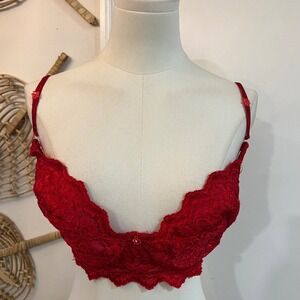 Vintage Intimate Attitudes Red Lace Mesh Bralette Floral Pearl 2X